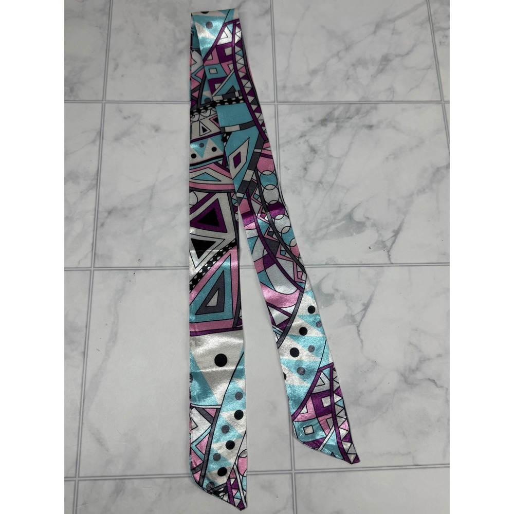 Yiwu Geometric Print Skinny Scarf Pink Teal Abstract Satiny Bag Accessory 32"